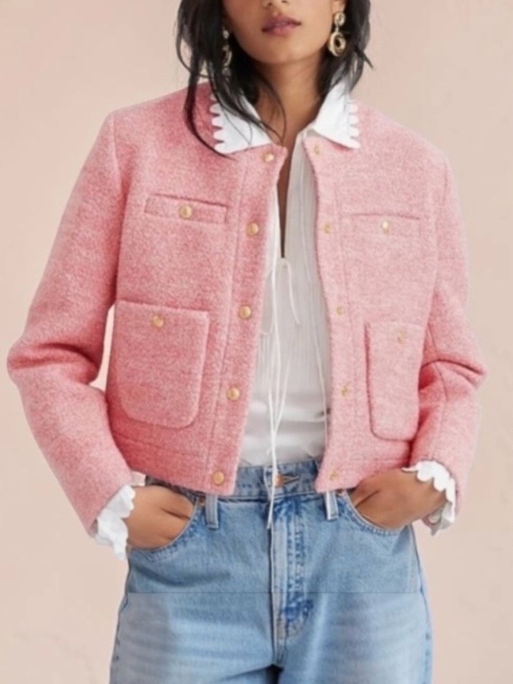 J.CREW COLLECTION Cropped Pink Bouclé  Lady Jacket Size 12